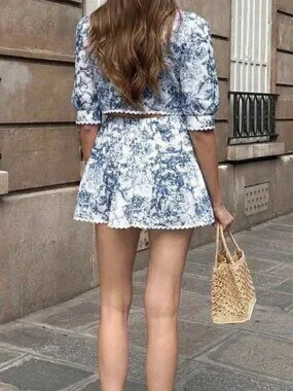 Blue Casual Women's Vacation All-Over Print Puff Sleeve Shirt & Mini Skirt Set